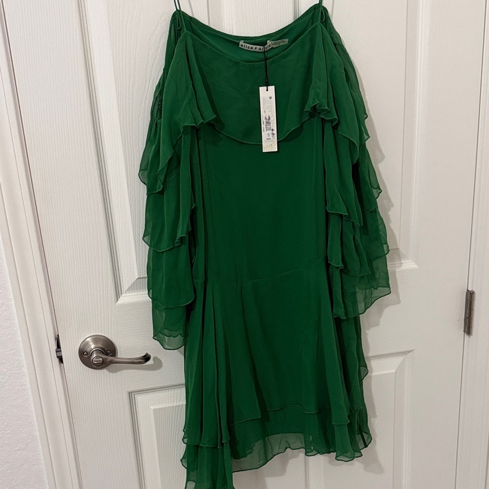 Alice + Olivia Emerald Green Asymmetrical Ruffle Dress